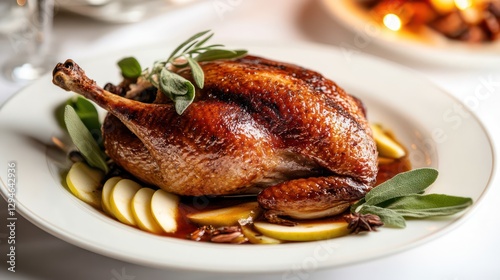 A half roast duck served elegantly on a sleek white plate, surrounded by fennel seeds, fresh sage, and thinly sliced apple