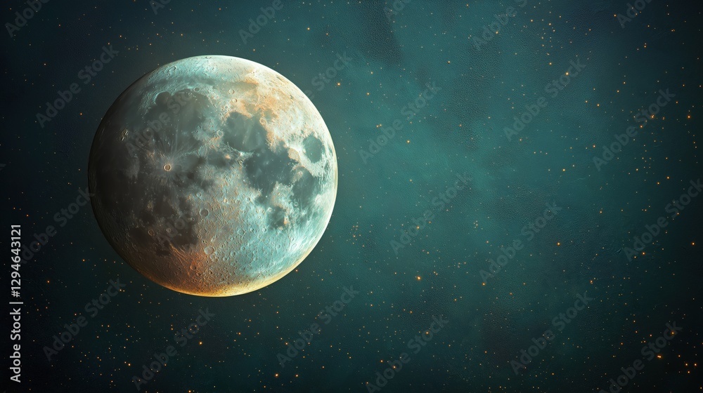 Fototapeta premium Realistic full moon against a teal night sky filled with stars