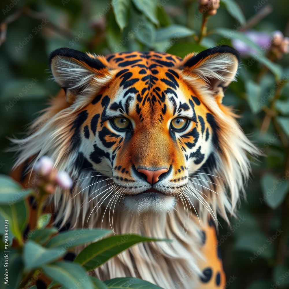 Fototapeta premium Tiger, portrait, animal, mammal, wildlife, feline, face, head, carnivore, predator, wild, looking at frame. Majestic tiger is staring from leaves with serenity