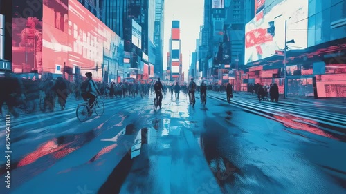 Wallpaper Mural Cyberpunk City Street: A vibrant illustration of a bustling city street with cyclists and pedestrians, showcasing a blend of urban life and digital aesthetics. Torontodigital.ca