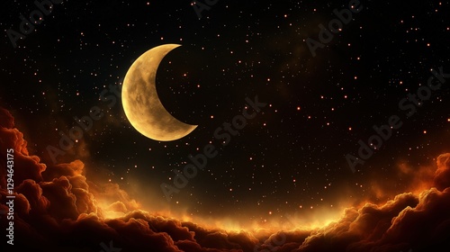 Wallpaper Mural Golden crescent moon above glowing clouds and starry sky at night Torontodigital.ca