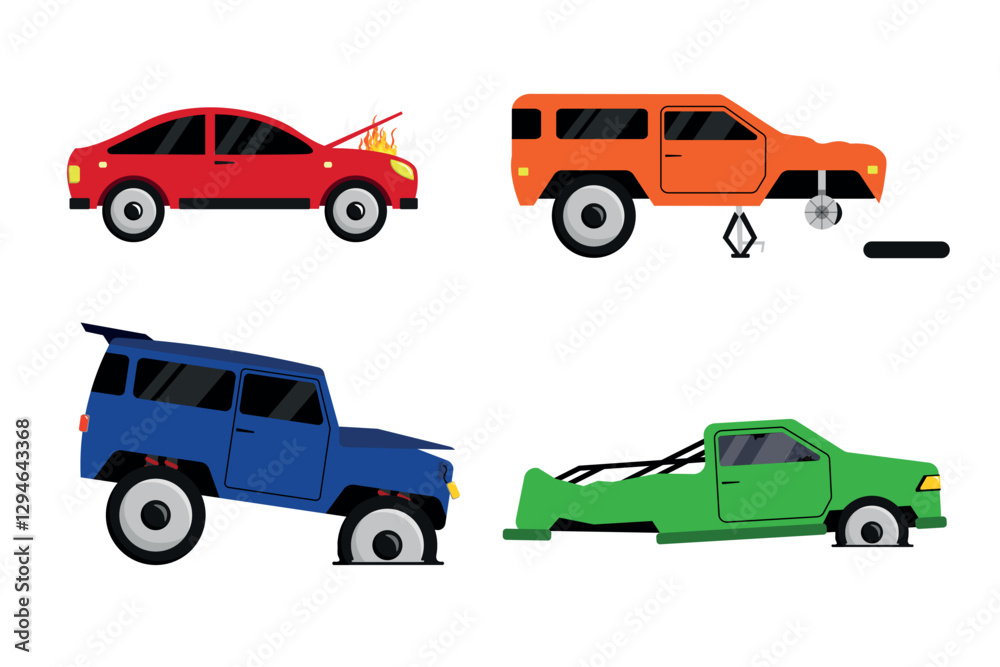 Fototapeta premium Set of damaged cars in cartoon style. Vector illustration of repairing broken cars: fire from under the hood, removed wheel, punctured wheel, disassembled isolated on white background. Car accidents.