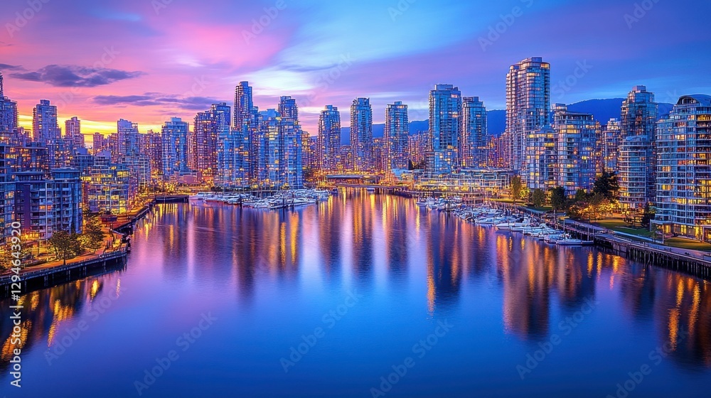 Fototapeta premium A high-angle view of a sprawling modern city, with residential skyscrapers casting reflections in the river at dusk.