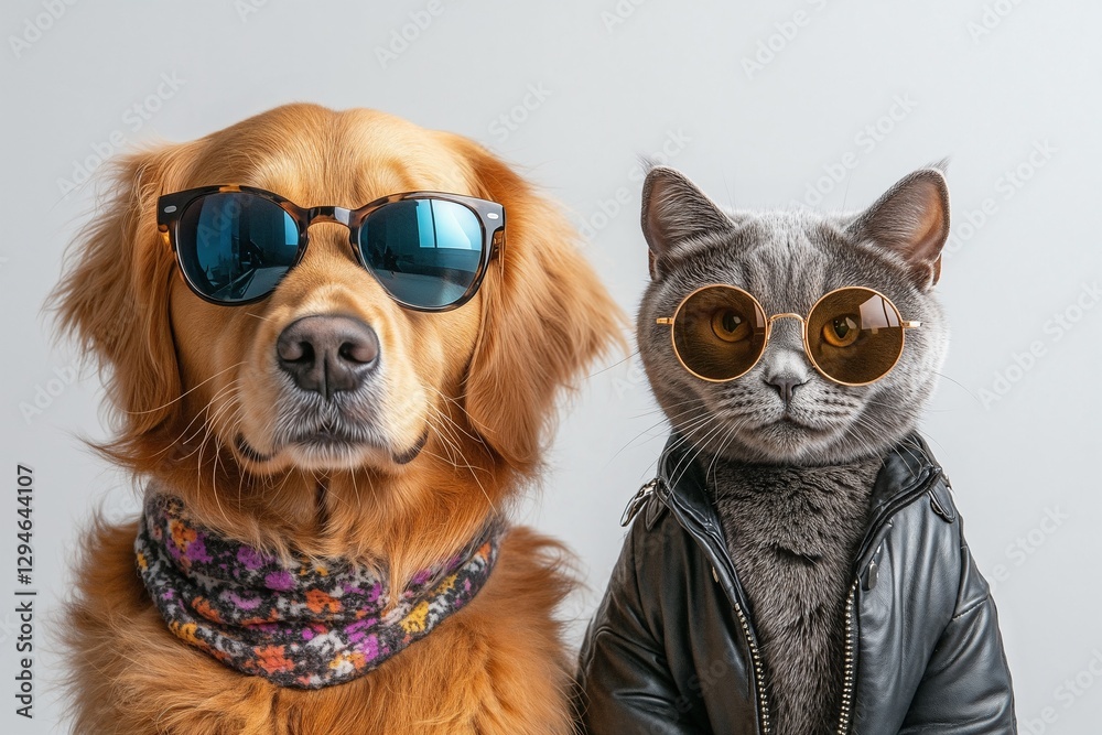 Fototapeta premium Ultimate pet style icons! A golden retriever and a gray cat rocking sunglasses and stylish outfits, radiating confidence and charm.