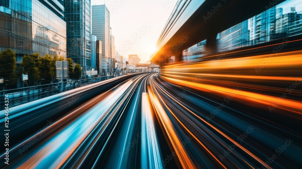 Fototapeta premium A high-speed bullet train zooming along elevated tracks, showcasing the future of modern transportation.