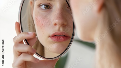 Young woman closely examining facial skin, holding small mirror with worried look, checking complexion for blemishes and imperfections