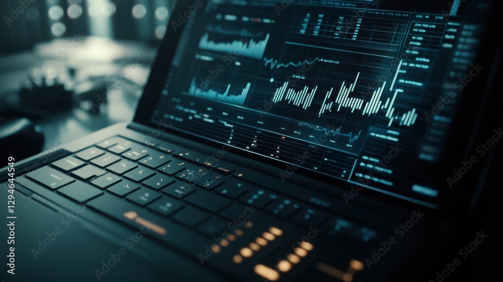 A high-tech business notebook with futuristic stock market holograms above the keyboard. A high-tech business notebook with futuristic stock market holograms above the keyboard.