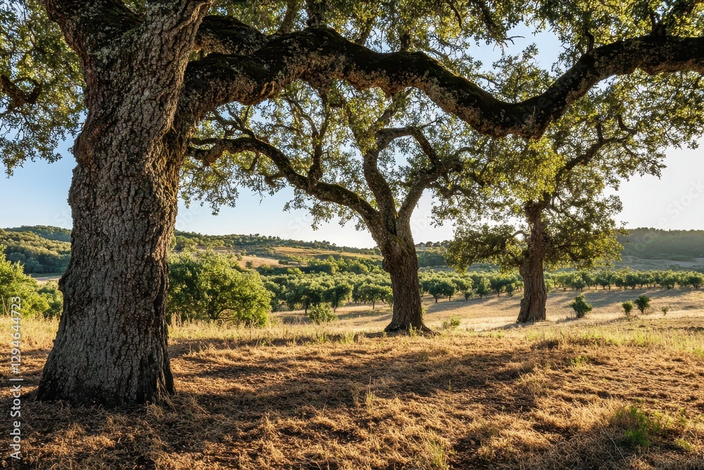 Scenic Cork Oak Grove in Alentejo, Portugal with Freshly Crumbled Bark Amidst Vibrant Nature Scenic Cork Oak Grove in Alentejo, Portugal with Freshly Crumbled Bark Amidst Vibrant Nature