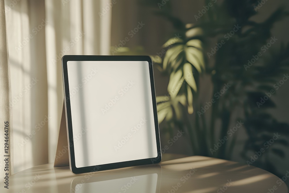 Modern digital frame displaying blank canvas in cozy indoor environment natural lighting Modern digital frame displaying blank canvas in cozy indoor environment natural lighting