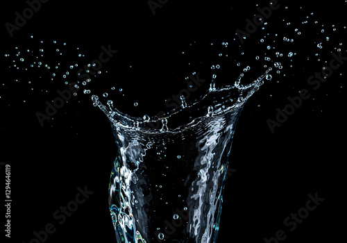 Water splashes captured in a clear vessel on a black background