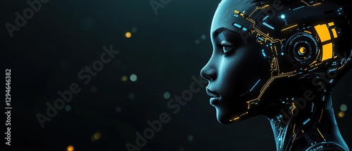 AI Female Humanoid Robot Yellow Blue Circuitry Dark Background Copy Space 