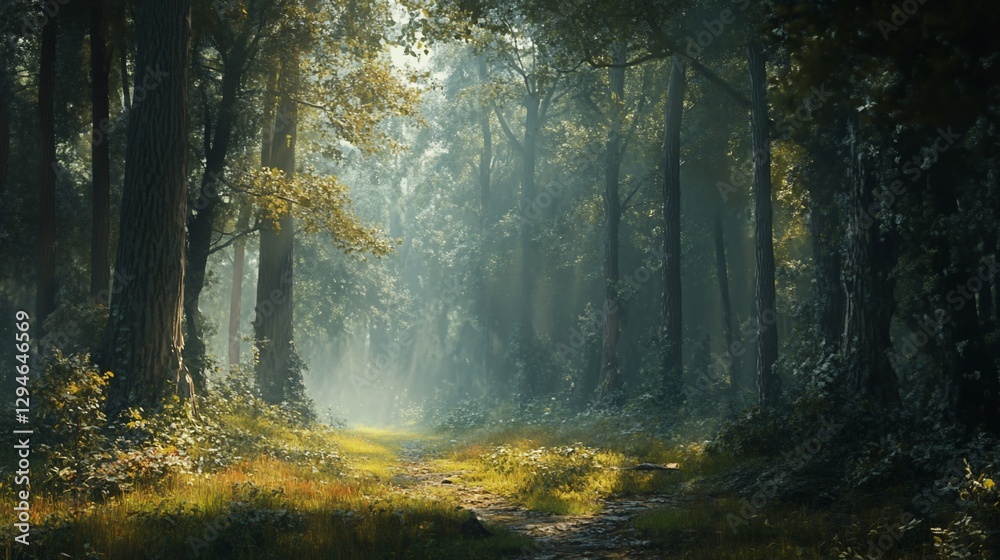 Obraz premium Sunlit path through a misty, green forest.