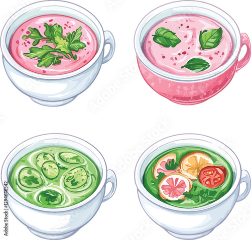 set of cartoon hand-drawn soups in bowls