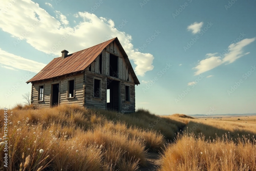 Obraz premium A weathered wooden farmhouse, abandoned and decaying, stands solitary amidst tall, dry grass under a vast, serene sky