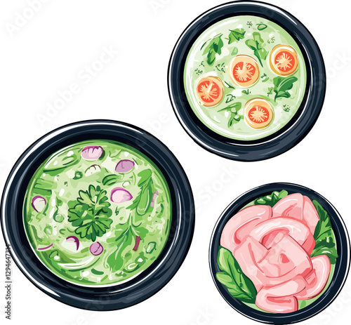 set of cartoon hand-drawn soups in bowls