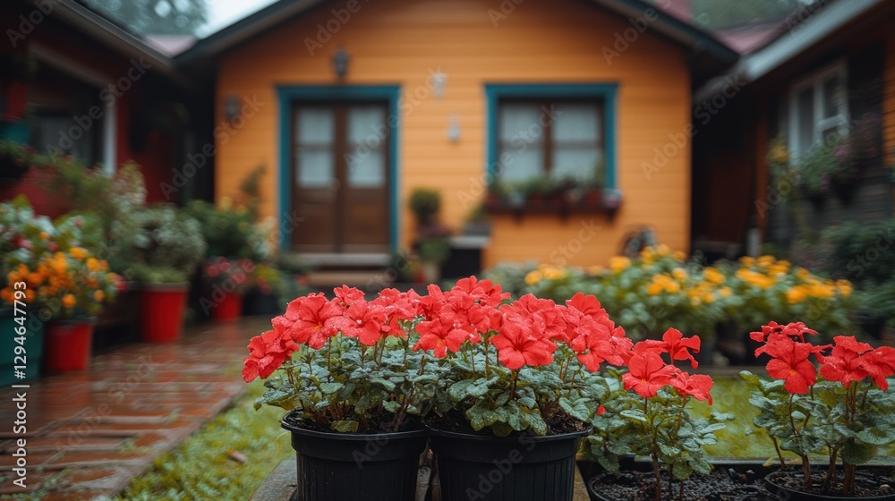 Fototapeta premium Colorful garden beds by rain-touched cabins