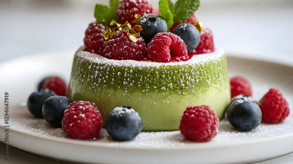 A delicate matcha panna cotta topped with a medley of fresh raspberries and blueberries, adorned with gold leaf and dusted with powdered sugar A delicate matcha panna cotta topped with a medley of fresh raspberries and blueberries, adorned with gold leaf and dusted with powdered sugar