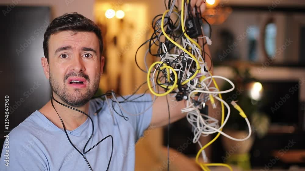 Frustrated man holding lots of wires