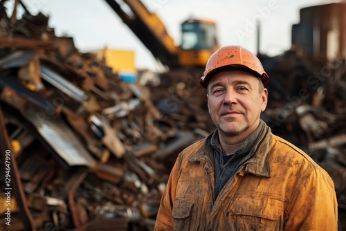 Portrait of a Worker Amidst Scrap Metal in a Junk Yard with Crane in Action