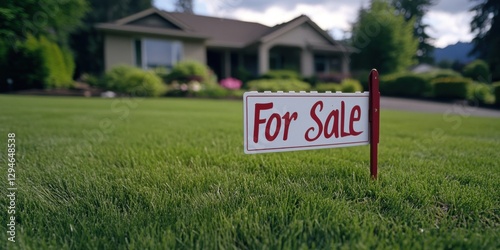 real estate marketing, a sharp red for sale sign takes center stage, with a beautiful suburban house and well-kept lawn blurred behind it