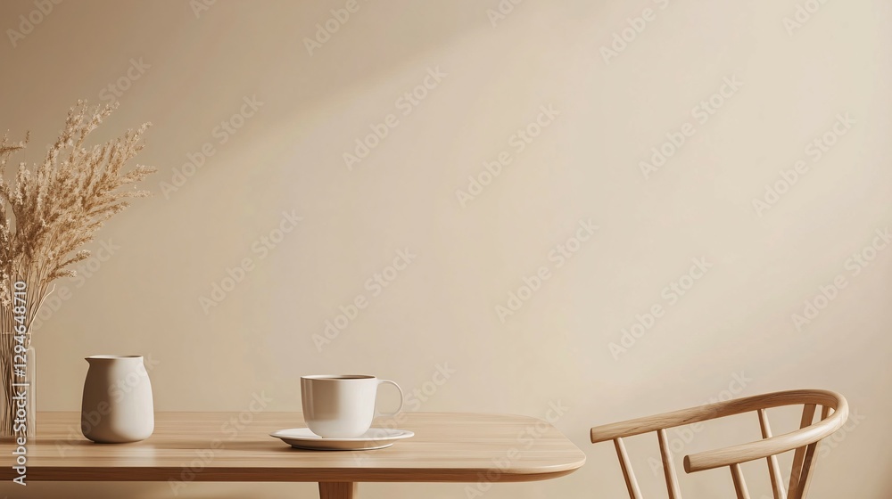 A minimalist table with coffee cup and some soft accents A minimalist table with coffee cup and some soft accents