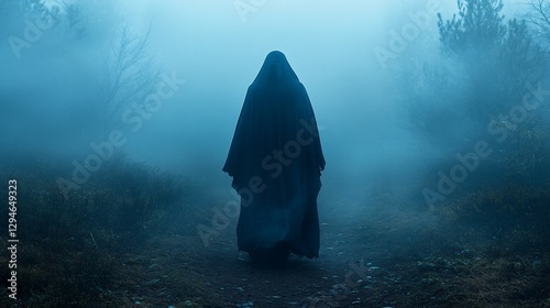 Hooded figure walking misty forest path, mystery, Halloween