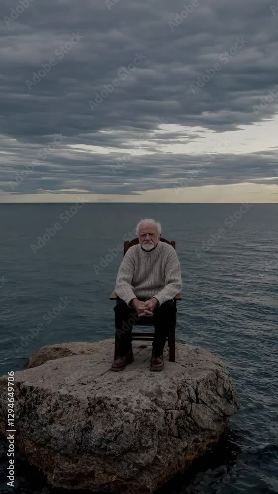 A lone elderly man sits in contemplation on a small rock in the middle of the vast ocean under a cloudy sky, evoking solitude and deep thought A lone elderly man sits in contemplation on a small rock in the middle of the vast ocean under a cloudy sky, evoking solitude and deep thought