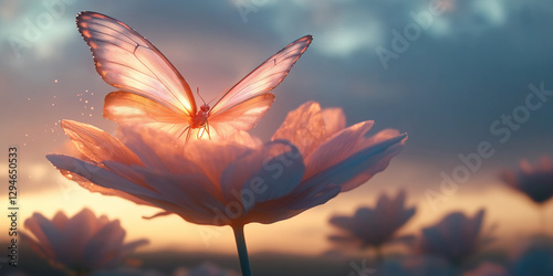 Ethereal butterfly on glowing flower at sunset