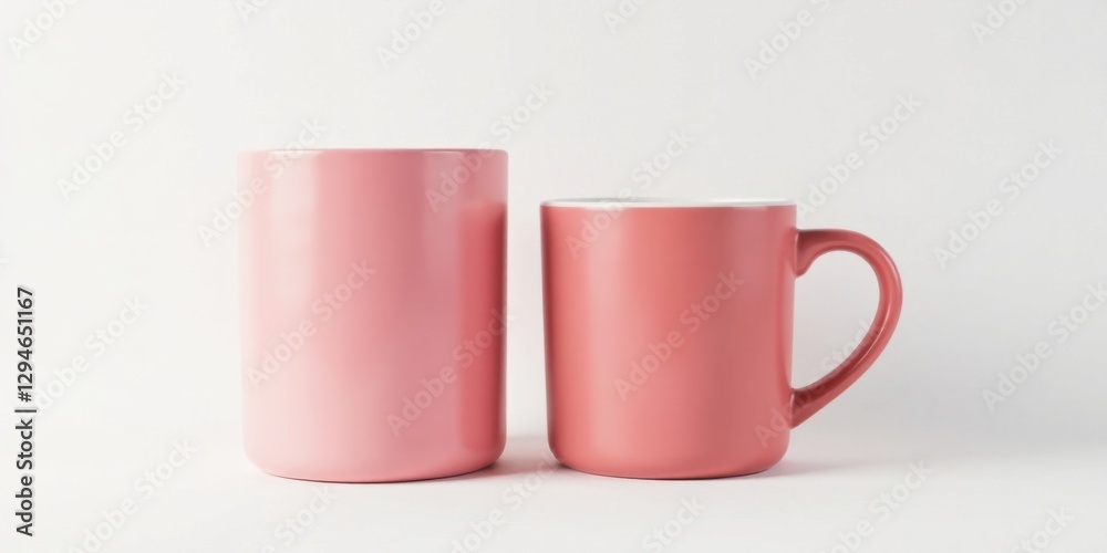 Two coral pink ceramic mugs, one tall and cylindrical, the other a shorter mug with a handle, sit side-by-side on a pristine white background, offering a minimalist aesthetic. Two coral pink ceramic mugs, one tall and cylindrical, the other a shorter mug with a handle, sit side-by-side on a pristine white background, offering a minimalist aesthetic.