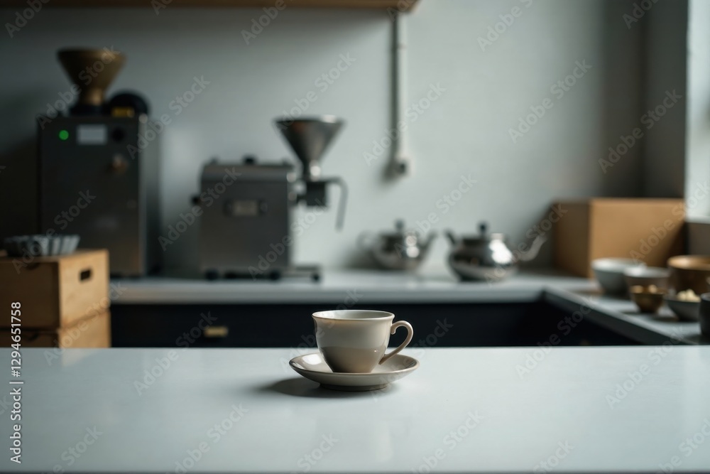 A single cup of coffee sits on a pristine countertop in a modern kitchen, the blurred background hinting at the brewing process and equipment A single cup of coffee sits on a pristine countertop in a modern kitchen, the blurred background hinting at the brewing process and equipment