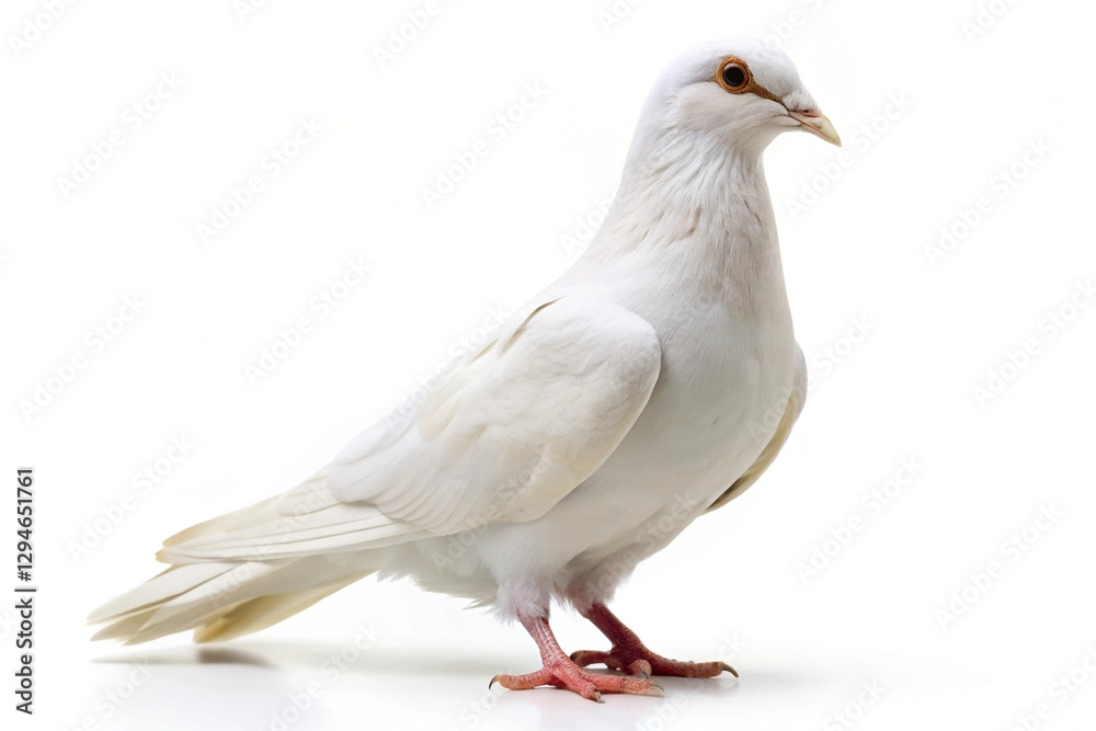 Elegant white pigeon standing against a pure white background, showcasing smooth feathers and gentle posture. AI Elegant white pigeon standing against a pure white background, showcasing smooth feathers and gentle posture. AI