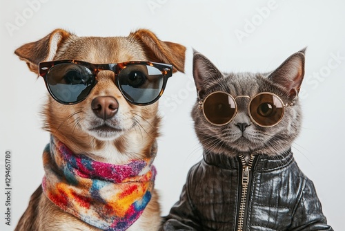 The ultimate power duo! A fashionable dog and a sleek cat in sunglasses and trendy outfits, ready to take on the world.