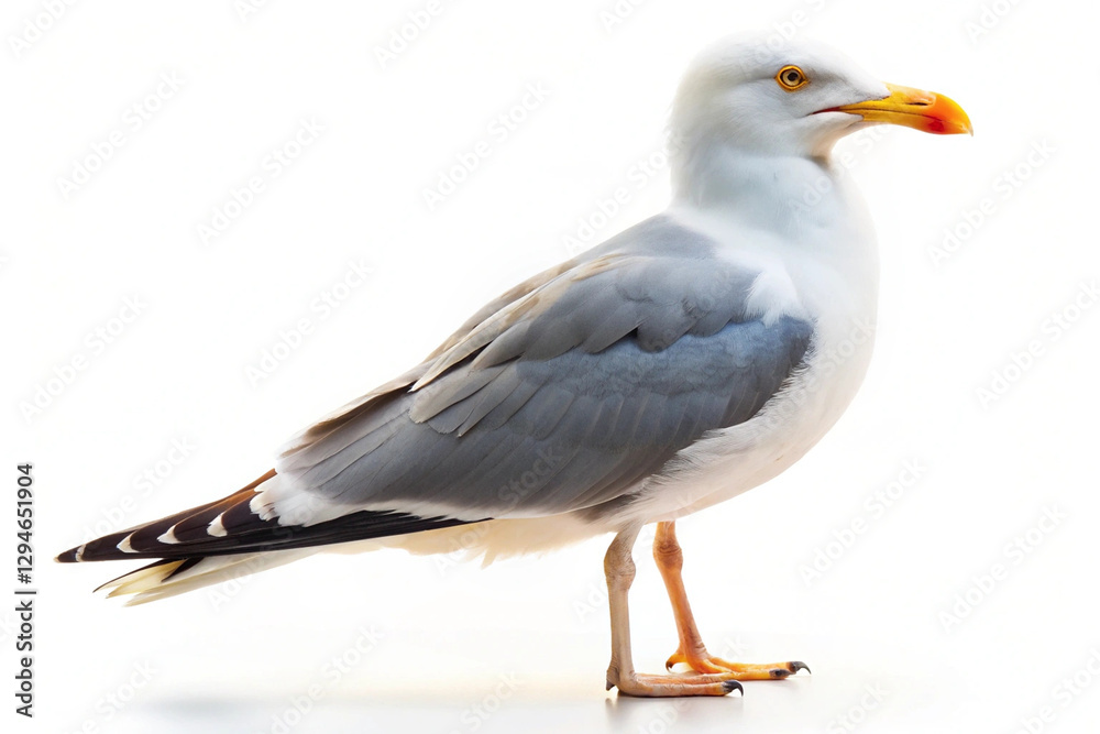 Elegant seagull with white and grey feathers, bright yellow beak, and sharp eyes, standing against a white background. AI Elegant seagull with white and grey feathers, bright yellow beak, and sharp eyes, standing against a white background. AI