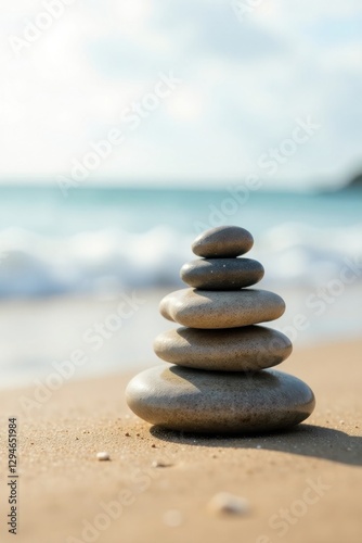 Serene Beach Stones Stacked in Balanced Harmony, Reflecting Tranquility and Coastal Calm