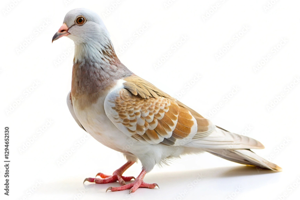 Obraz premium Elegant collared dove with soft beige and white feathers, perched against a clean white background. AI Generated