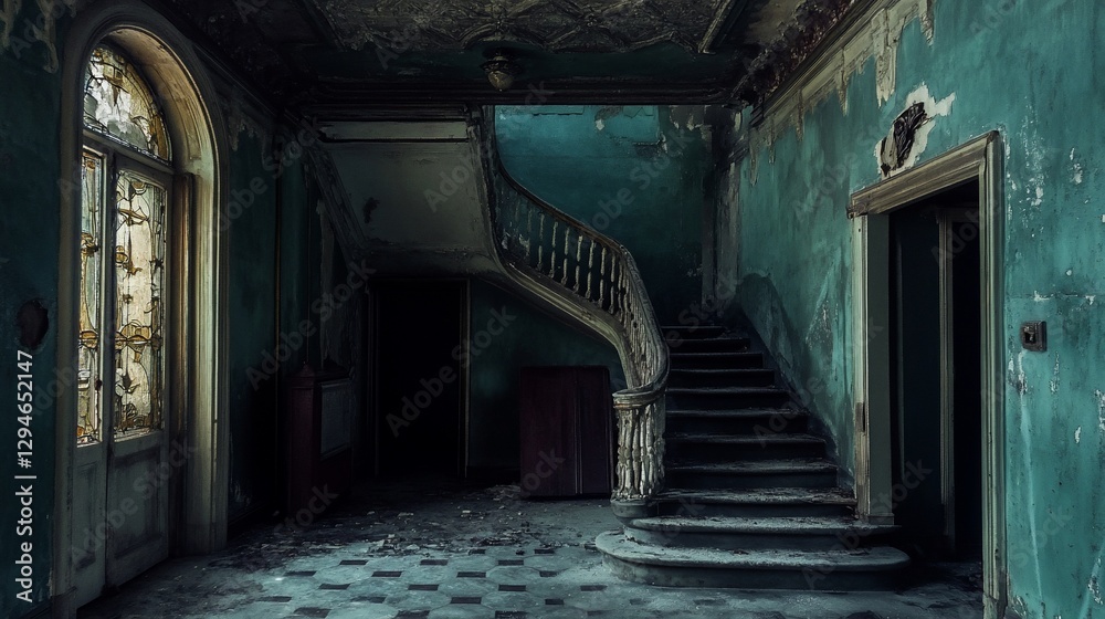 Fototapeta premium Dark, decaying interior of an abandoned mansion, featuring a grand staircase and teal walls.