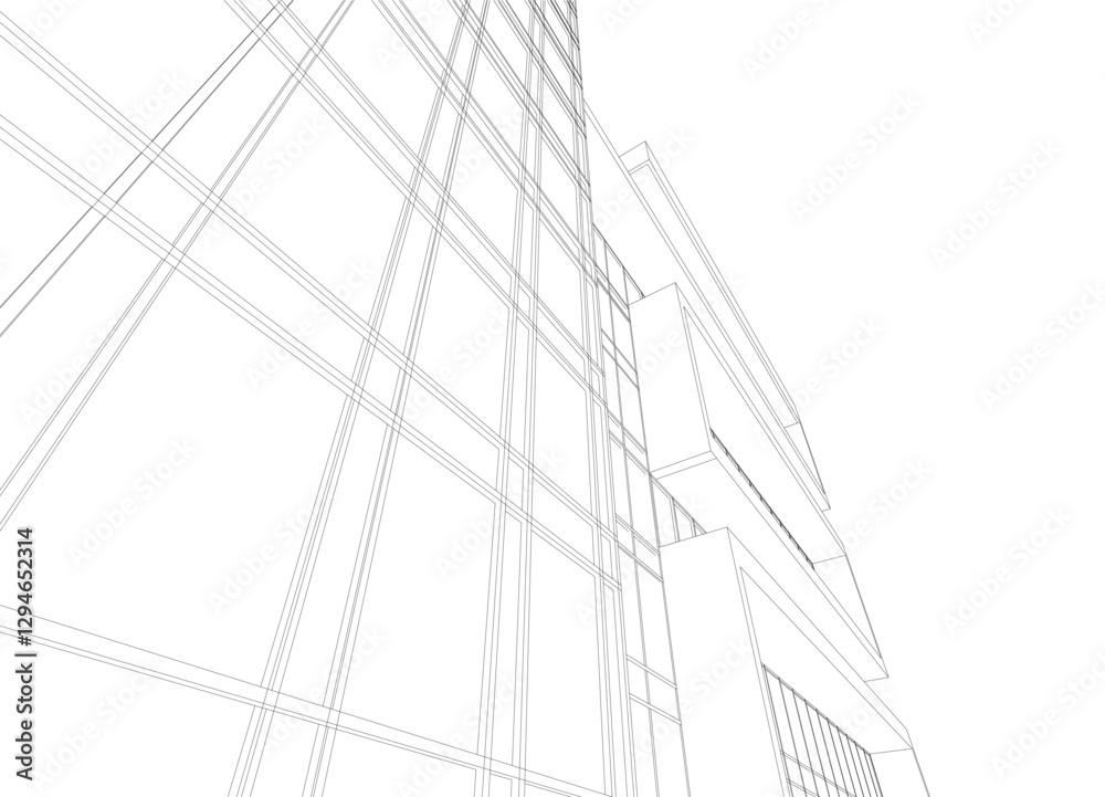 Modern Skyscraper Wireframe. Futuristic Urban Architecture in Abstract Perspective