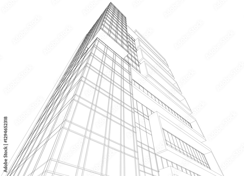 Modern Skyscraper Wireframe. Futuristic Urban Architecture in Abstract Perspective