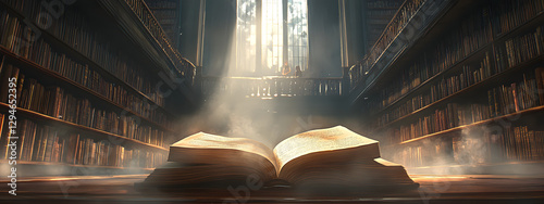 An open book rests on a table in an ancient library
