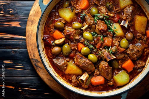A hearty stew fills a rustic pot, showcasing tender pieces of beef, vibrant carrots, potatoes, and olives simmering in rich sauce. The wooden surface enhances its homely appeal