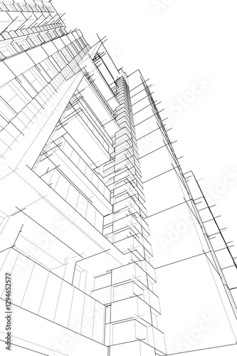 Modern Skyscraper Wireframe. Futuristic Urban Architecture in Abstract Perspective