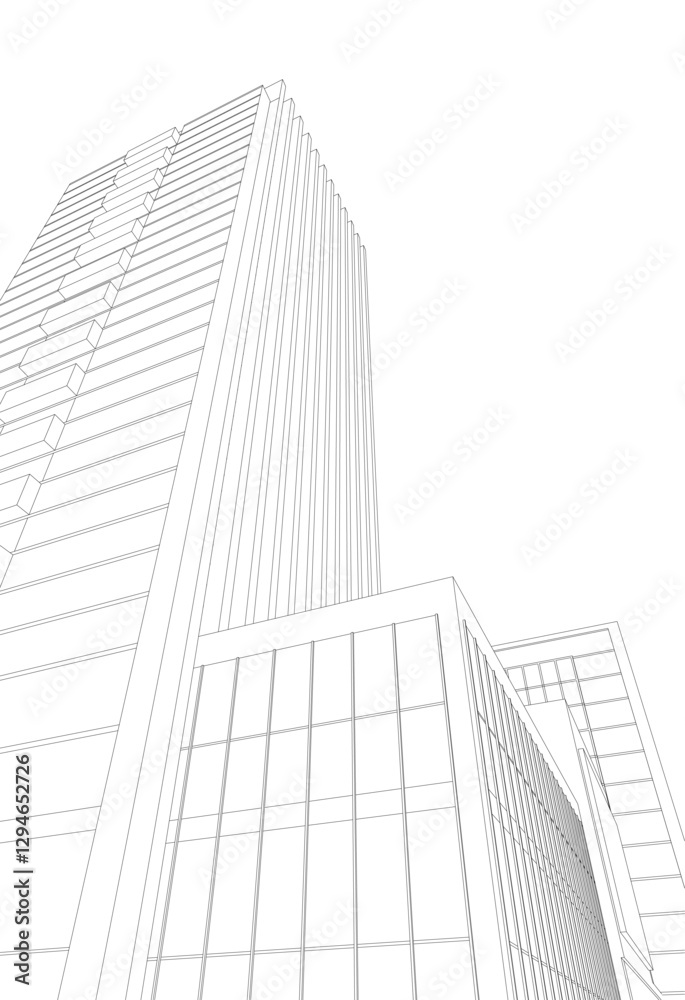 Modern Skyscraper Wireframe. Futuristic Urban Architecture in Abstract Perspective Modern Skyscraper Wireframe. Futuristic Urban Architecture in Abstract Perspective