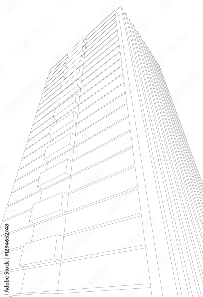 Modern Skyscraper Wireframe. Futuristic Urban Architecture in Abstract Perspective