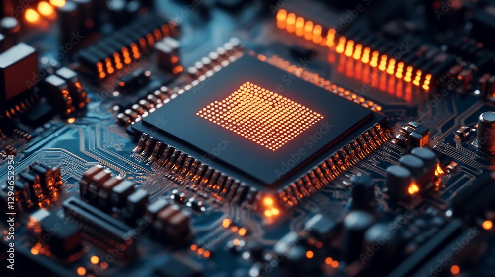 Illuminated CPU on circuit board; technology background Illuminated CPU on circuit board; technology background