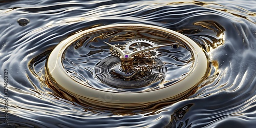 Abstract golden watch mechanism immersed in swirling liquid silver