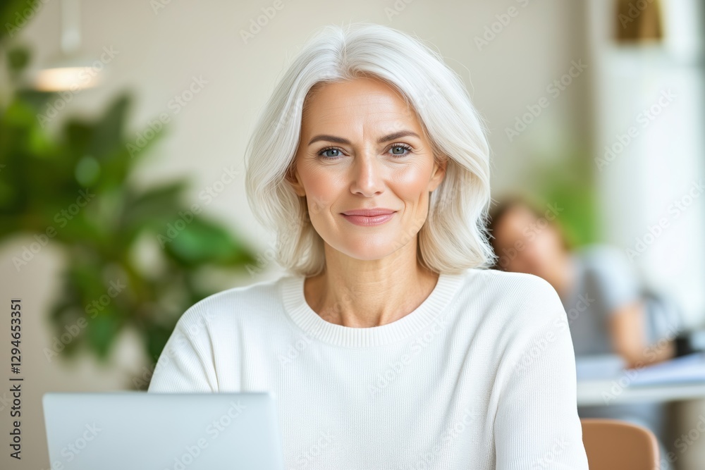 Middle-aged woman explaining financial strategies during online training session in a cozy co-working space Middle-aged woman explaining financial strategies during online training session in a cozy co-working space