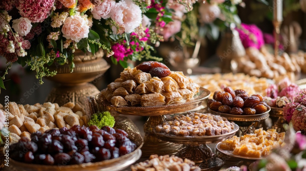 Fototapeta premium Eid Dessert Feast: Close-up view of a diverse array of traditional sweets and dates on golden platters with floral arrangements