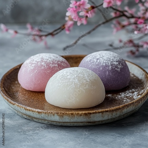 Delicate Mochi Trio: Pastel Colored Japanese Desserts Dusted with Powdered Sugar on Rustic Plate, Cherry Blossom Background