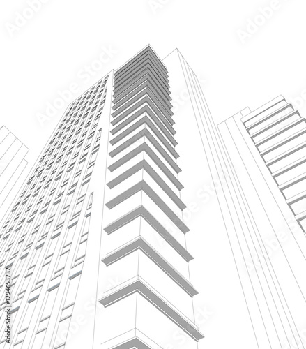 Modern Skyscraper Wireframe. Futuristic Urban Architecture in Abstract Perspective