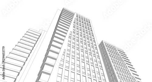Modern Skyscraper Wireframe. Futuristic Urban Architecture in Abstract Perspective